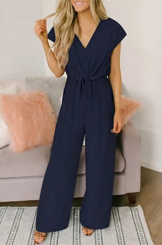 Dam Jumpsuit Avslappnad V-Ringning Bredbenad Mjukt Material-4
