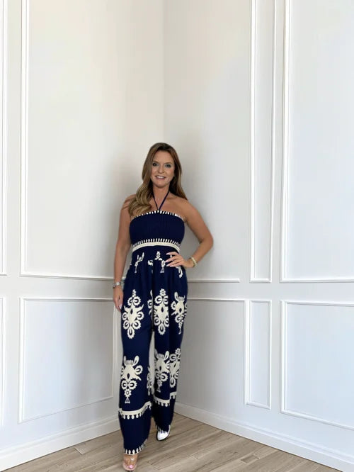 Dam Jumpsuit Halterneck Vintage Polyester Bredben-3