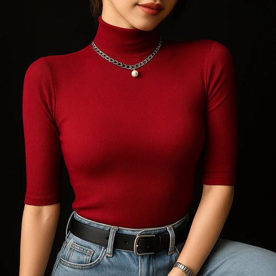 Dames Blouse Ribbel Mock Neck Katoen Casual 3
