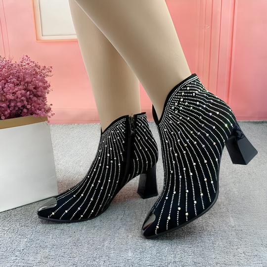 Dames Enkellaarsjes Met Hak en Rits Zwarte Kunstleer Rhinestones 0