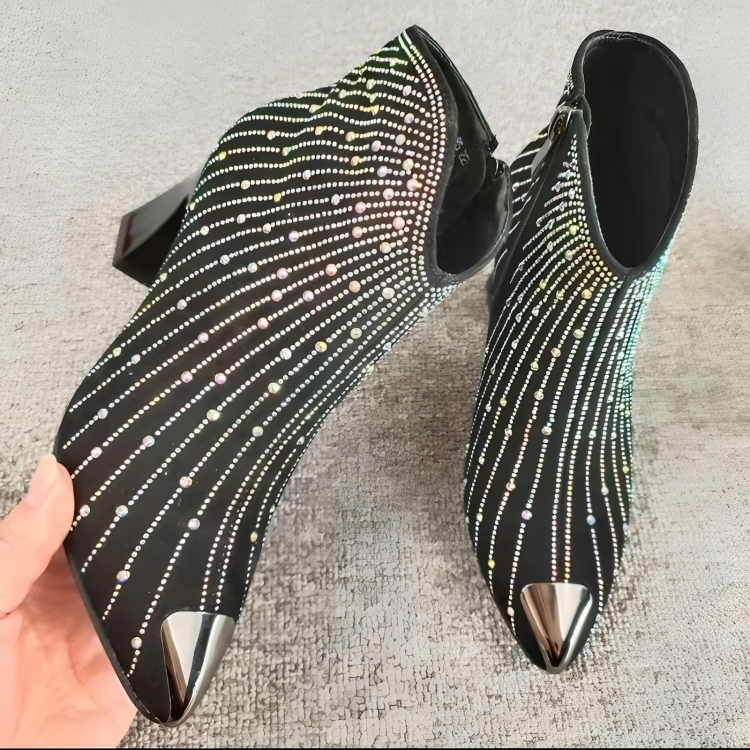 Dames Enkellaarsjes Met Hak en Rits Zwarte Kunstleer Rhinestones 4