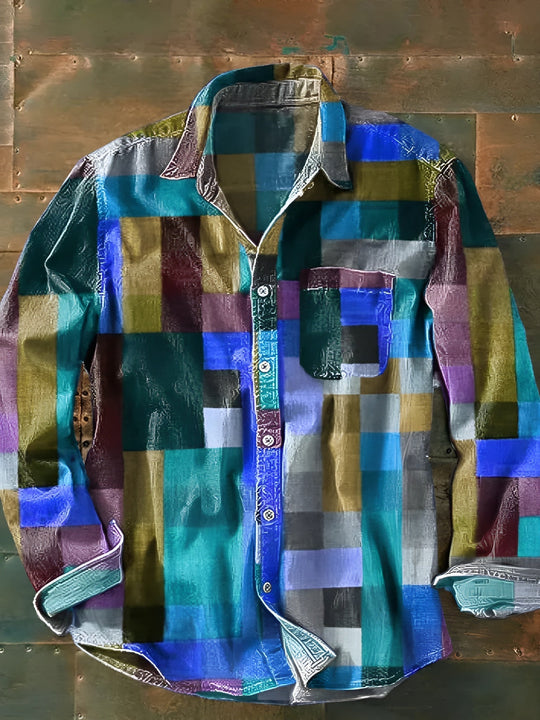 Heren Lange Mouwen Patchwork Overhemd met Knopen 4