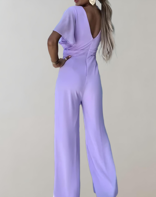 Dam Jumpsuit V-hals Bredbenad Polyester Elegant Loose Fit-3