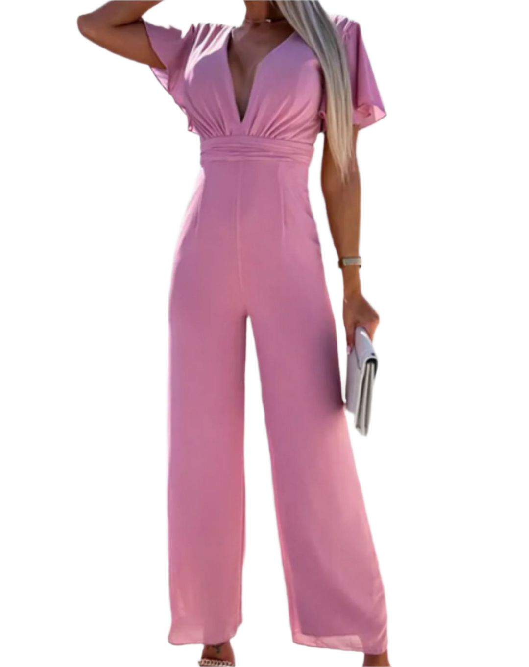 Dam Jumpsuit V-hals Bredbenad Polyester Elegant Loose Fit-1