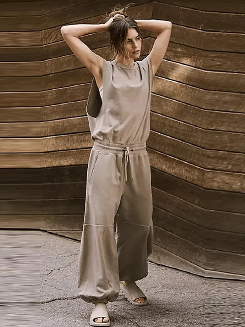 Dam Jumpsuit Avslappnad Stil med Dragsko och Öppen Rygg Polyester-4