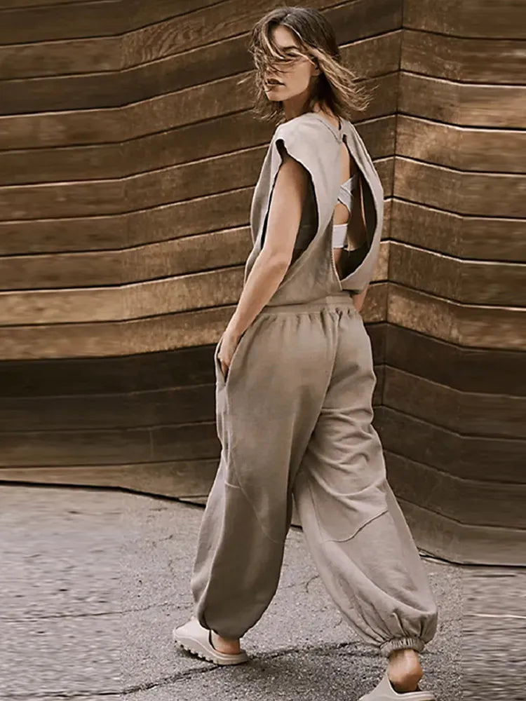 Dam Jumpsuit Avslappnad Stil med Dragsko och Öppen Rygg Polyester-5