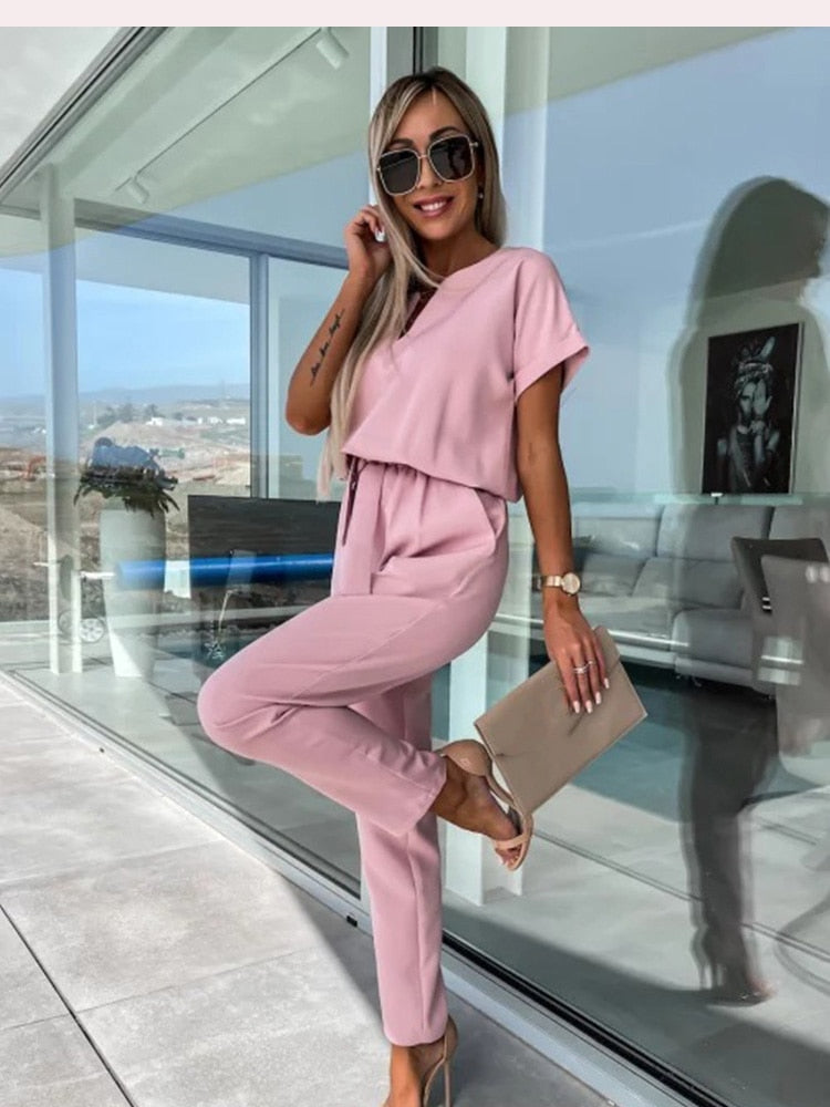 Dam Jumpsuit V-hals Kort Ärmar Elastisk Midja Polyester-5
