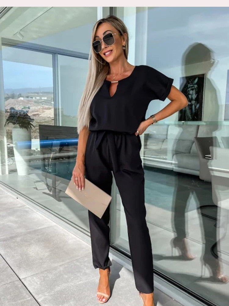 Variant image for Dam Jumpsuit V-hals Kort Ärmar Elastisk Midja Polyester-16
