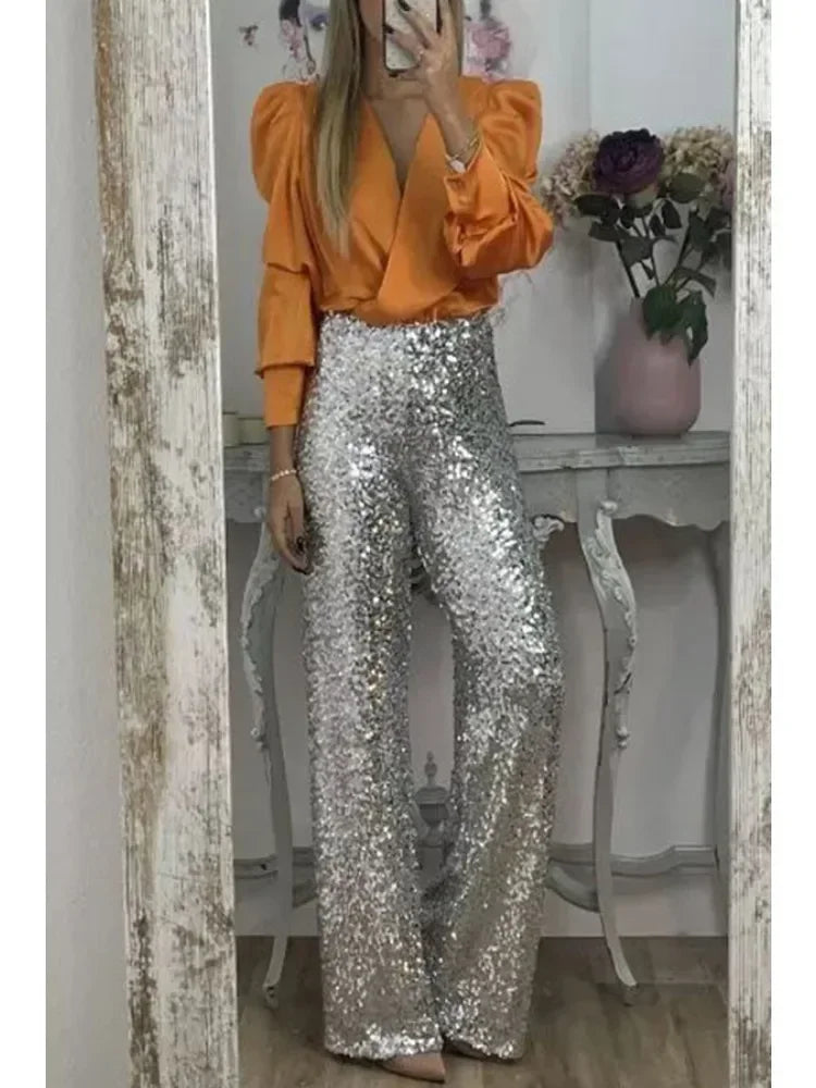 Dames Feestbroek Met Sprankelende Pailletten Polyester Elastaan 4