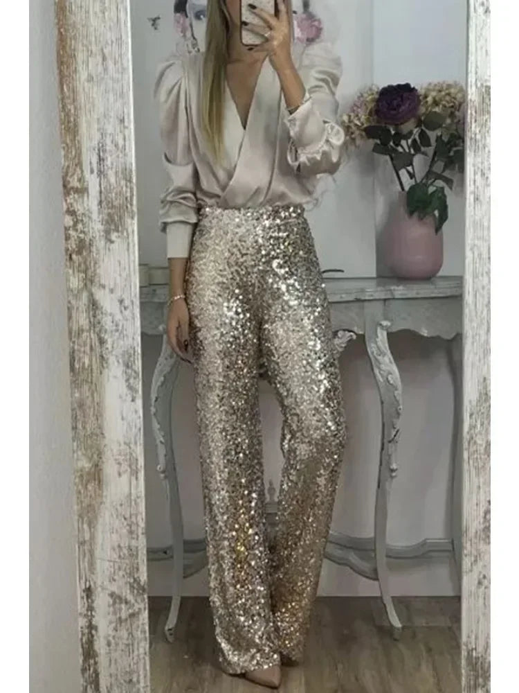 Dames Feestbroek Met Sprankelende Pailletten Polyester Elastaan 2