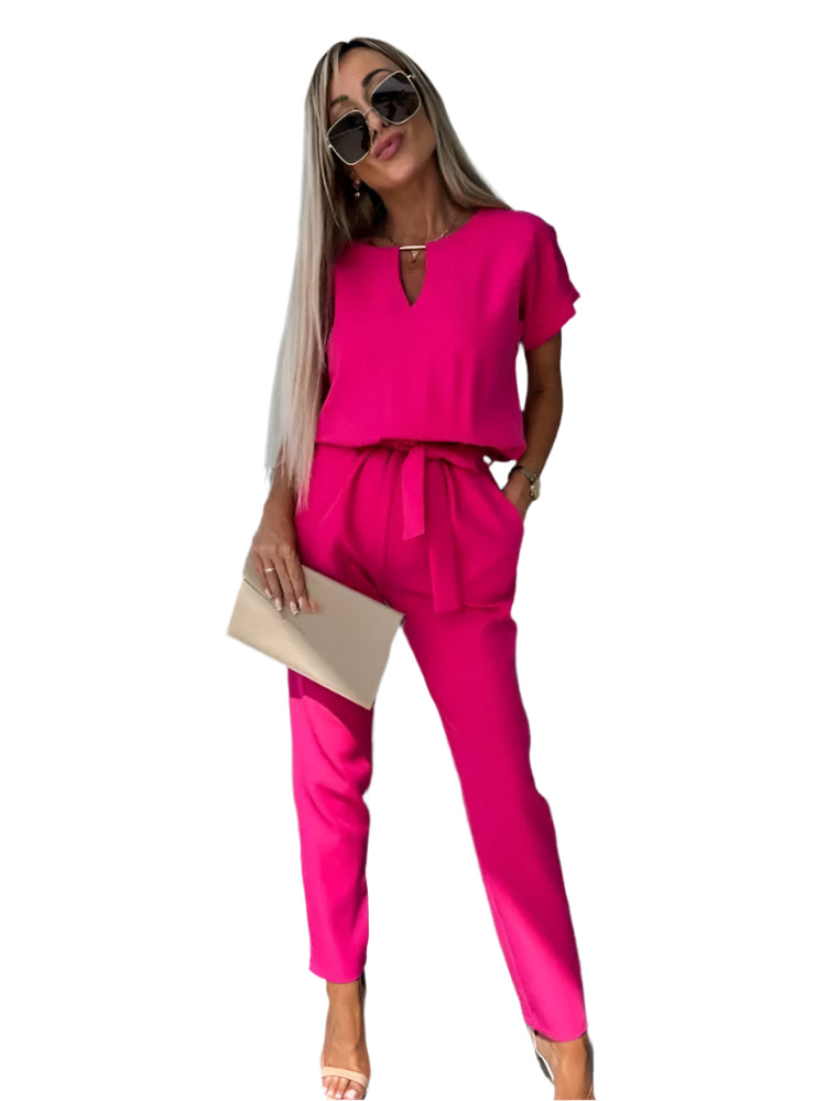 Dam Jumpsuit V-hals Kort Ärmar Elastisk Midja Polyester-1