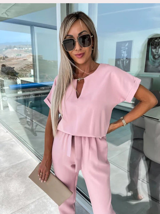 Dam Jumpsuit V-hals Kort Ärmar Elastisk Midja Polyester-6