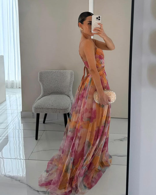 Vrouwen Maxi Jurk Waterverfprint met Kruisband 3