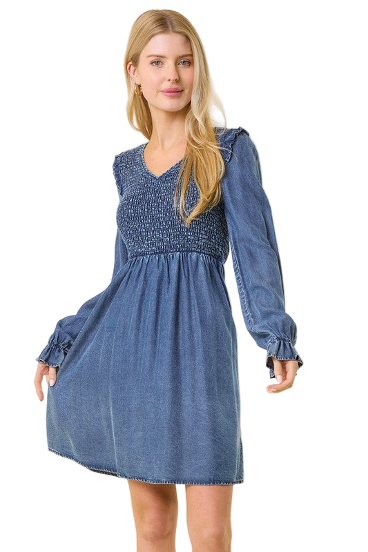 Vrouwen Mini Jurk V-Hals Geraffineerd Denim 0