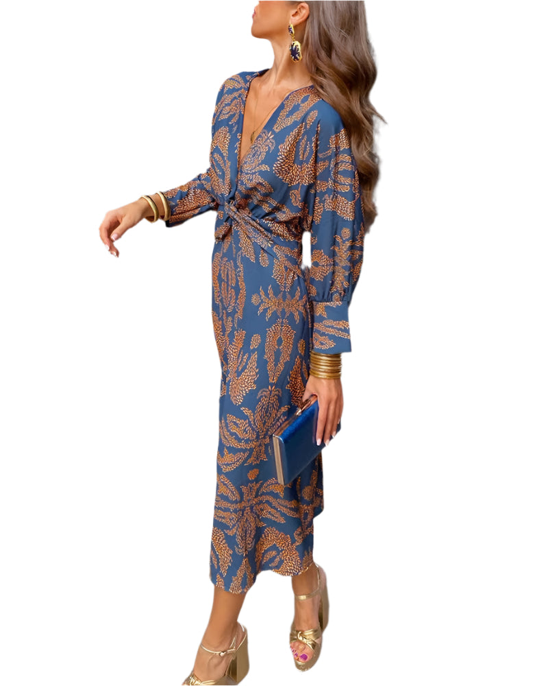 Vrouwen Vintage Charm Jurk Met Diepe V-hals en Barokprint 0