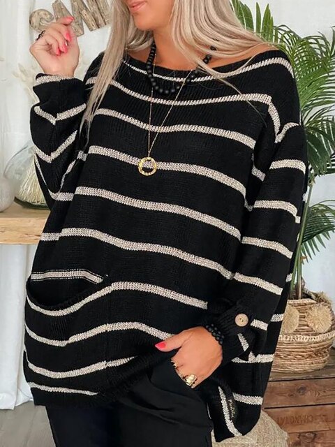 Dam Tröja Randig Långärmad Akryl Polyester-3