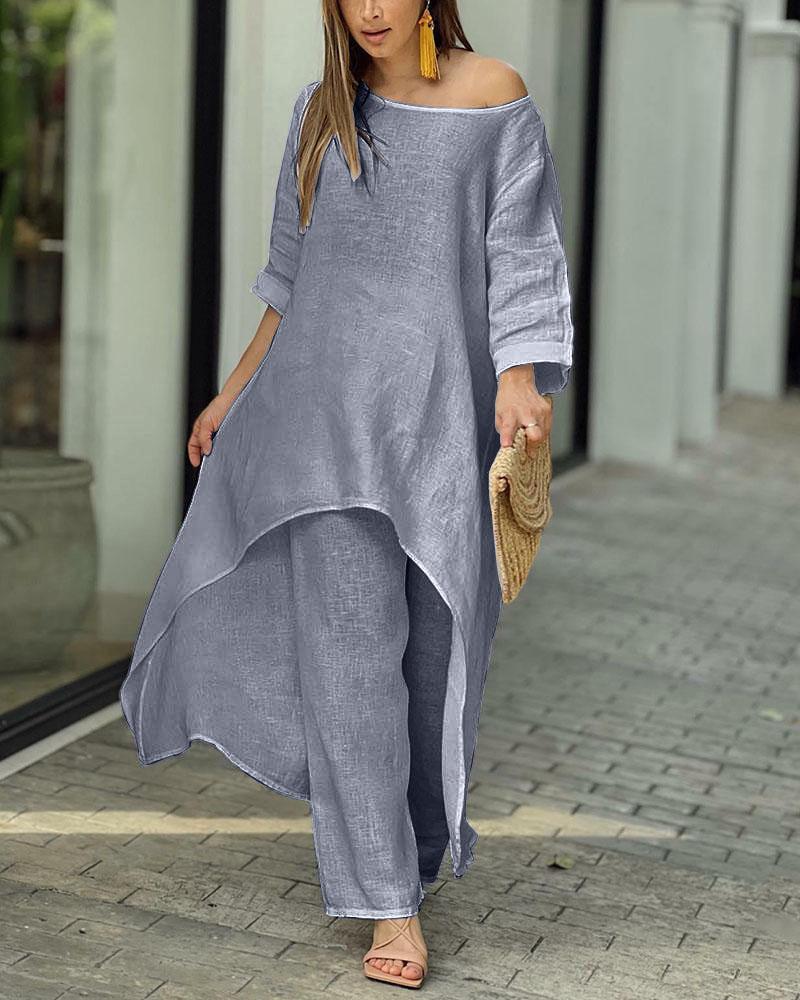 Dames Vrijetijd Set Luchtige Top en Hoge Taille Broek 4